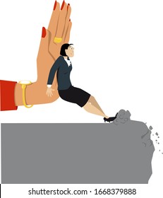 Female manager's hand pushing a businesswoman toward an abyss, EPS 8 vector illustration