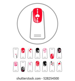 Female Manicure Nails. Trendy Manicure Types Painted With Hearts. Set For Your Design. Isolated On White Background. Vector Illustration