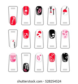 Female Manicure Nails. Trendy Manicure Types Painted With Hearts. Set For Your Design. Isolated On White Background. Vector Illustration