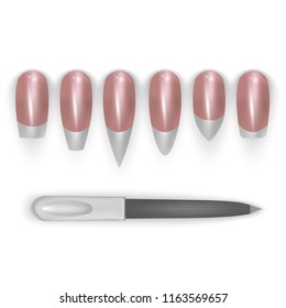 Female manicure. Set kinds of nails. Nail forms. Fashion nail shape. Icons nail shape. Collection of kinds of nails. Fashion trends. Vector illustration.