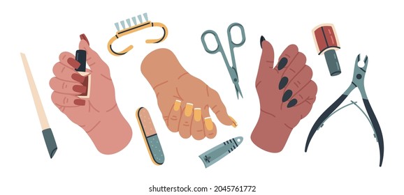 Female manicured doodle hands. Hand drawn hands with long nails, manicure nail service tools cartoon vector illustration set. Girls hands with fresh manicure