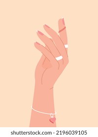 Female manicured hand. Aesthetics, beauty and glamour, beautiful hand with pink manicure and white rings. Accessories and jewelry, fashion, trendy and style. Cartoon flat vector illustration