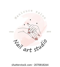 Female manicured hand. Lady painting, polishing nails. Nail polish. Vector Illustration of Elegant female hands in a trendy minimalist style. Beauty logo for nail studio or spa salon.