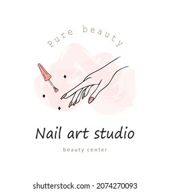 Female manicured hand. Lady painting, polishing nails. Nail polish. Vector Illustration of Elegant female hands in a trendy minimalist style. Beauty logo for nail studio or spa salon.