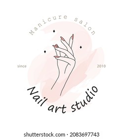 Female Manicured Hand. Lady Painting, Polishing Nails. Nail Polish. Vector Illustration Of Elegant Female Hands In A Trendy Minimalist Style. Beauty Logo For Nail Studio Or Spa Salon.