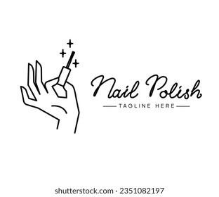 Female manicured hand. Lady painting, polishing nails. Nail polish icon. Vector Illustration of Elegant female hands in a trendy minimalist style. Beauty logo for nail studio or spa salon.