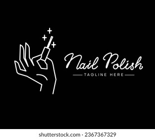 Female manicured hand. Lady painting, polishing nails. Nail polish icon. Vector Illustration of Elegant female hands in a trendy minimalist style. Beauty logo for nail studio or spa salon.