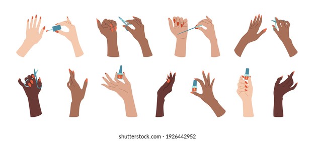 Female manicured hand trendy set. Multiracial hands nail design, varnish, file and scissors. Flat manicure accessories, equipment tools. Different nations Spa beauty trendy concept vector illustration