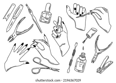 Female manicured hands and equipments for nail studio or spa salon. Lady painting, polishing nails. Vector Illustration of elegant female hands in a trendy minimalist style. Beauty routine.