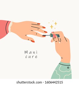 Female manicured hands. Lady painting nails. Nail brush, nail polish. Spa treatment beauty concept. Hand drawn colored trendy vector illustration