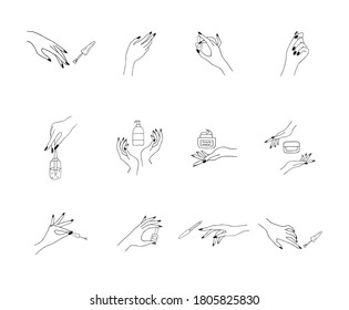 Female manicured hands. Lady painting, polishing nails. Nail polish and nail file. Vector Illustration of Elegant female hands in a trendy minimalist style. Beauty logo for nail studio or spa salon.