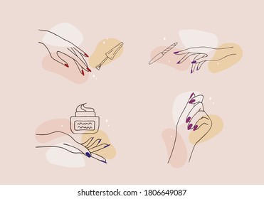 Female manicured hands. Lady painting, polishing nails. Nail polish and nail file. Vector Illustration of Elegant female hands in a trendy minimalist style. Beauty logo for nail studio or spa salon.