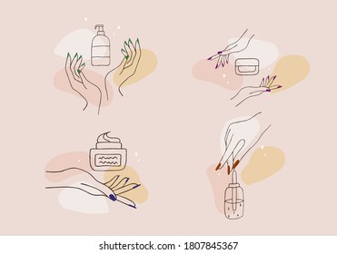 Female manicured hands. Lady painting, polishing nails. Nail polish and nail file. Vector Illustration of Elegant female hands in a trendy minimalist style. Beauty logo for nail studio or spa salon.