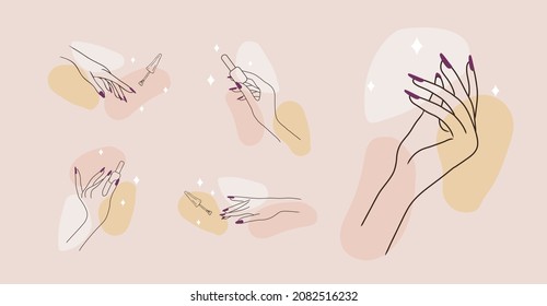 Female manicured hands. Lady painting, polishing nails. Nail polish. Vector Illustration of Elegant female hands in a trendy minimalist style. Beauty logo for nail studio or spa salon.