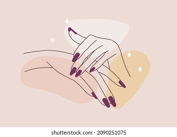 Las mujeres manicuraron las manos. Señora pintando, puliendo las uñas. Esmalte de uñas. Ilustración vectorial de manos femeninas elegantes en un estilo minimalista moderno. Logo de belleza para estudio de uñas o salón de spa.