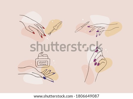 Female manicured hands. Lady painting, polishing nails. Nail polish and nail file. Vector Illustration of Elegant female hands in a trendy minimalist style. Beauty logo for nail studio or spa salon.