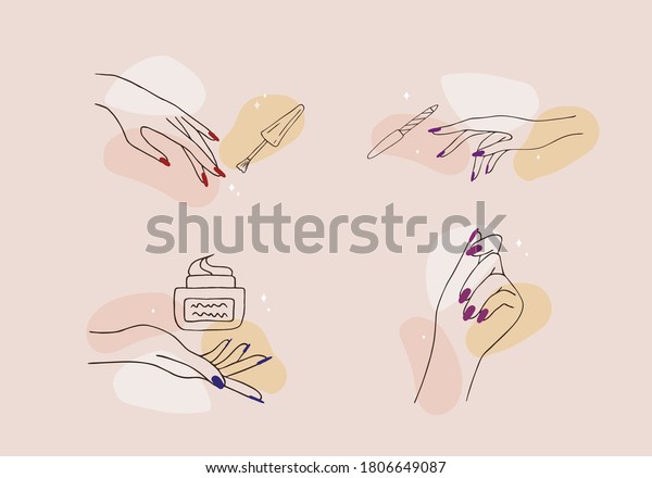 Female manicured hands. Lady painting, polishing\
nails. Nail polish and nail file. Vector Illustration of Elegant\
female hands in a trendy minimalist style. Beauty logo for nail\
studio or spa salon.