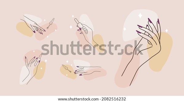 Female\
manicured hands. Lady painting, polishing nails. Nail polish.\
Vector Illustration of Elegant female hands in a trendy minimalist\
style. Beauty logo for nail studio or spa\
salon.