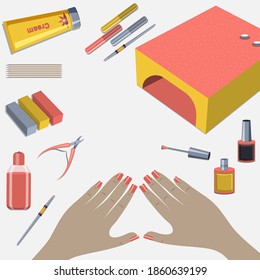 Female manicured hands. Vector set with nail scissors, polish, cream. Concept for nail studio, salon. 