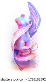 Female mannequin figure stands on a stand from a spool of thread into a developing iridescent fabric. The concept of couturier, fashion design, fashion store. 3d vector illustration isolated.