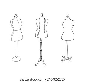 Female mannequin set. Hand-drawn dummy. 
Tailoring equipment. Vector illustration, isolated on a white background.