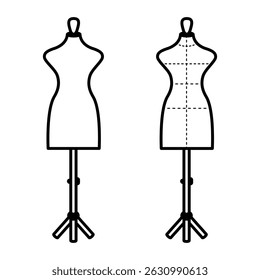 Manequim feminino. Silhuetas de manequim personalizado com linhas de medição. Forma de vetor mínima para costura e encaixe. Design para padrão, modelo de moda, cartaz, maquete.