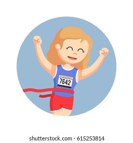 female marathon runner crossing finish line in circle background