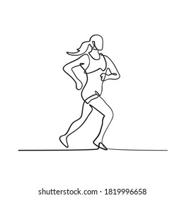 Female Marathon Runner Running Side View Continuous Line Drawing