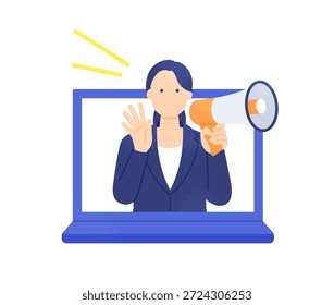 Comercializadora femenina sosteniendo un megáfono y gritando desde una pantalla de computadora portátil. Marketing digital, Ilustración vectorial en línea y concepto de publicidad en redes sociales.