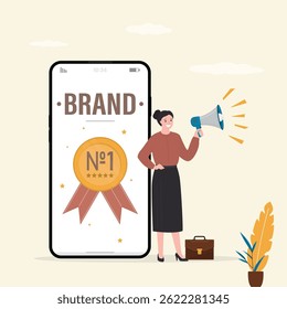 Female marketer with megaphone conducting brand awareness campaign. Brand awareness, businesswoman uses loudspeaker doing digital marketing, company brand promotion concept. flat vector illustration