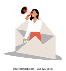 Female Marketer With Megaphone Emerging From Envelope In Flat Vector Illustration Symbolizing Email Marketing, Digital Advertising, And Business Promotion, Isolated On White Background.