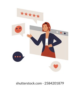 Female Marketer Presenting Positive Customer Feedback In Flat Vector Illustration Symbolizing Digital Reviews, Online Reputation, And Customer Satisfaction, Isolated On White Background