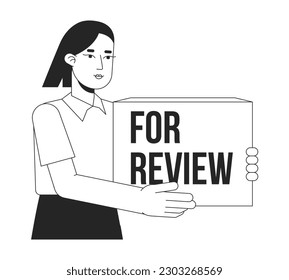 Female marketing coordinator gathering customer feedback flat line black white vector character. Editable outline person. Simple cartoon isolated spot illustration for web design. Bebas Neue font used