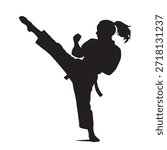 Female martial artist executing a precise and powerful high kick in a striking silhouette