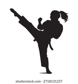 Female martial artist executing a precise and powerful high kick in a striking silhouette
