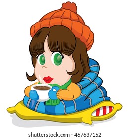 female mascot, girl brunette long hair, dressed for winter or cold, drinking hot chocolate. Ideal for fashion materials or institutional