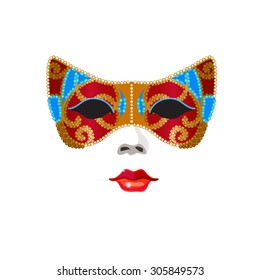 Female mask in the Italian style. Color of mask is red with blue on a gold background.