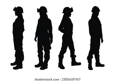 Female mason standing in different position silhouette set vector. Woman bricklayers silhouette bundle on a white background. Girl construction worker with anonymous faces, full body silhouette vector