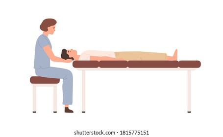 Female massagist or osteopath massaging neck area to male client vector flat illustration. Woman doctor or physiotherapist sitting on chair making massage to lying on couch man isolated on white