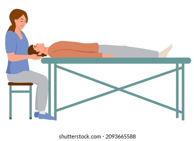 Female massagist or osteopath massaging neck area to client vector flat illustration. Woman doctor or physiotherapist making massage to lying on couch man isolated. Alternative medical treatment