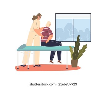 Female masseur massaging woman patient sitting on table. Manual osteopath therapist work on spine and back treatment. Osteopathy and healthcare concept. Cartoon flat vector illustration