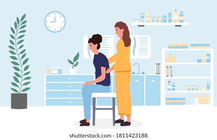 Female masseuse giving a woman a relaxing body massage in a massage parlour or spa in a health and wellness concept, colored vector illustration