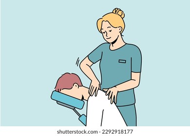 Female masseuse help patient with backache in clinic. Physiotherapist massage client in hospital. Healthcare and physiotherapy. Vector illustration. 