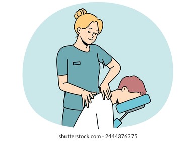 Female masseuse help patient with backache in clinic. Physiotherapist massage client in hospital. Healthcare and physiotherapy. Vector illustration.