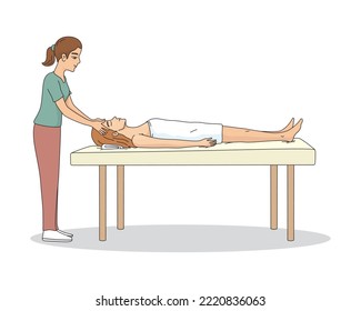  Female masseuse massages woman head in Spa, illustrator vector cartoon drawing