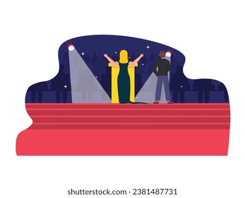 Female master of ceremony standing at podium greeting hollywood actresses, award show. Character design. Vector flat illustration