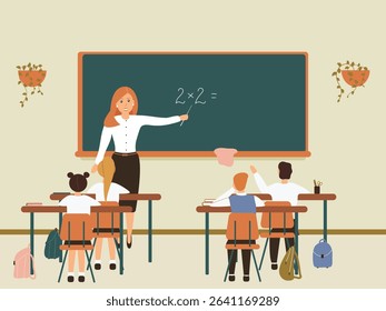 Female math teacher explaining multiplication to elementary school pupils or children near chalkboard. Young woman teaching mathematics or arithmetic to kids sitting at desks in class.Vector 