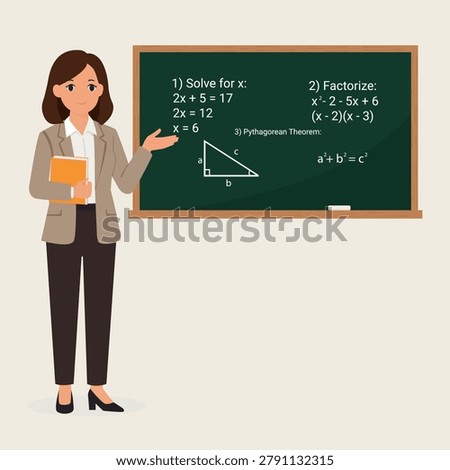 Female math teacher pointing at blackboard with algebra and geometry formulas, vector illustration. The blackboard features algebra equations, factorization examples, and the Pythagorean theorem.