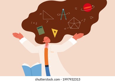 Female Mathematician At Work. Flat Style Illustration Of Mathematician With Mathematics Symbols On Her Long Brown Hair And Book On Side Over Pink Background