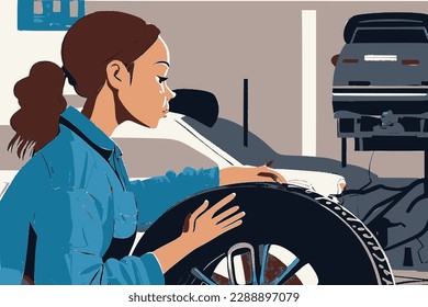 Female mechanic changing a car tire in a workshop.